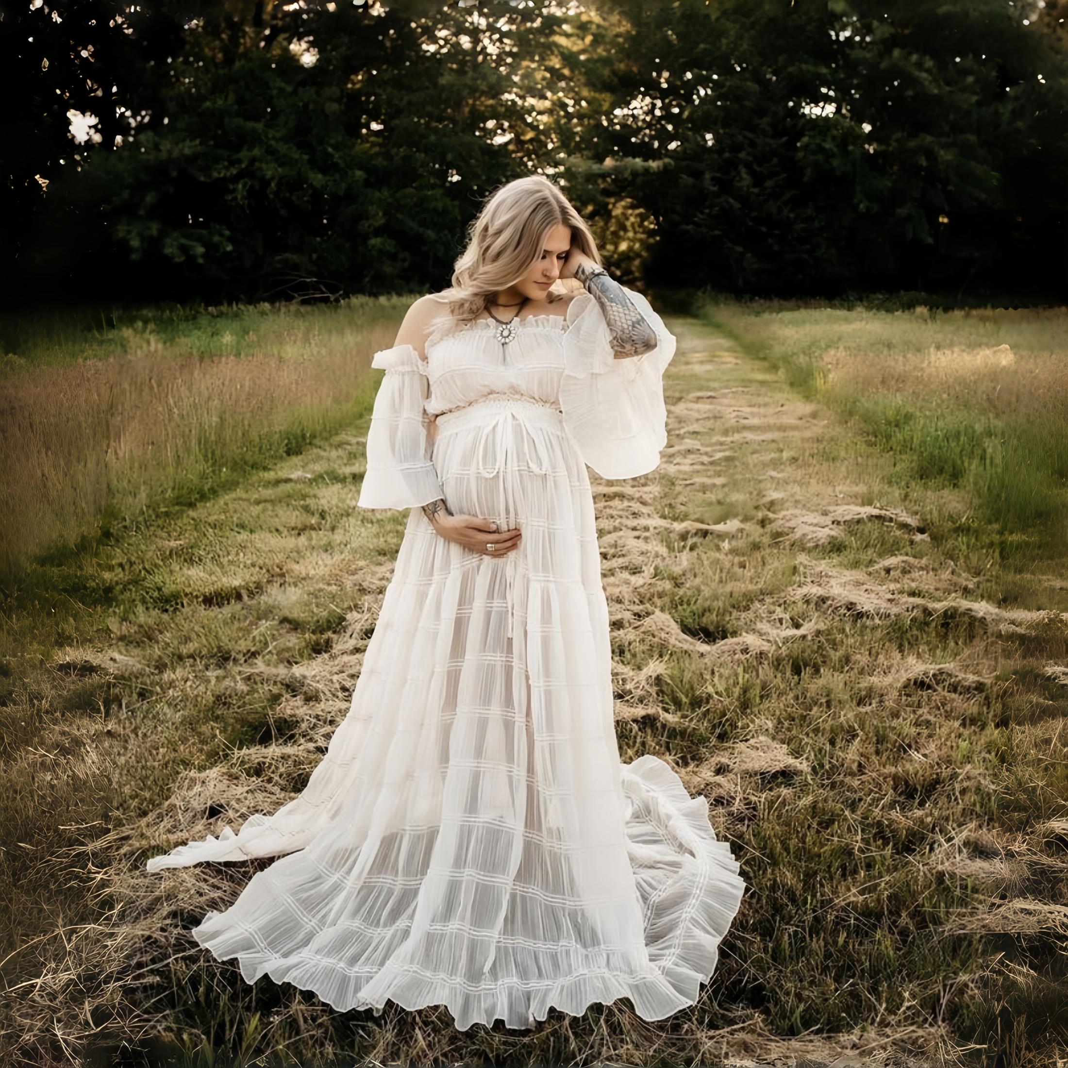 White Pleated Chiffon Maternit - Photography Outfits ulasan dan harga